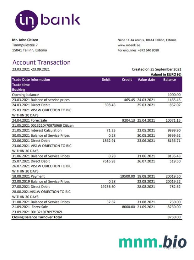 Estonia Coop Pank dowód adresu szablon wyciągu bankowego w formacie Word i PDF
